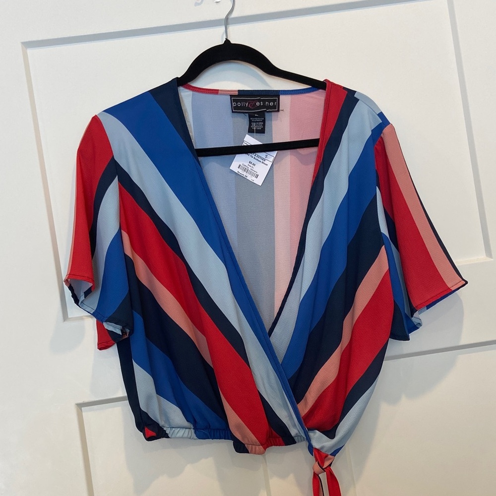 Polly & Esther Red, Blue & Light Blue Striped Tie-Front Crop Top